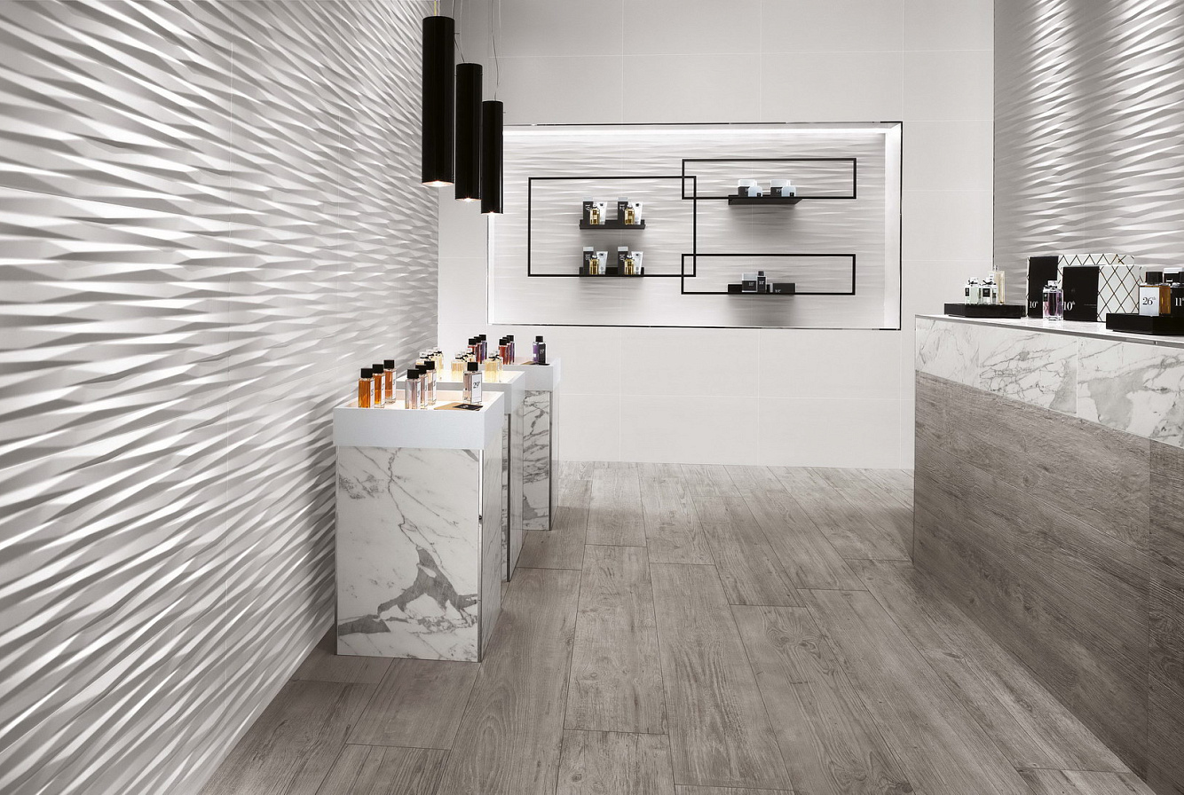 Рельефный мотив керамической плитки 3D WALL DESIGN BLADE, сотканный из энергичных волнистых линий.